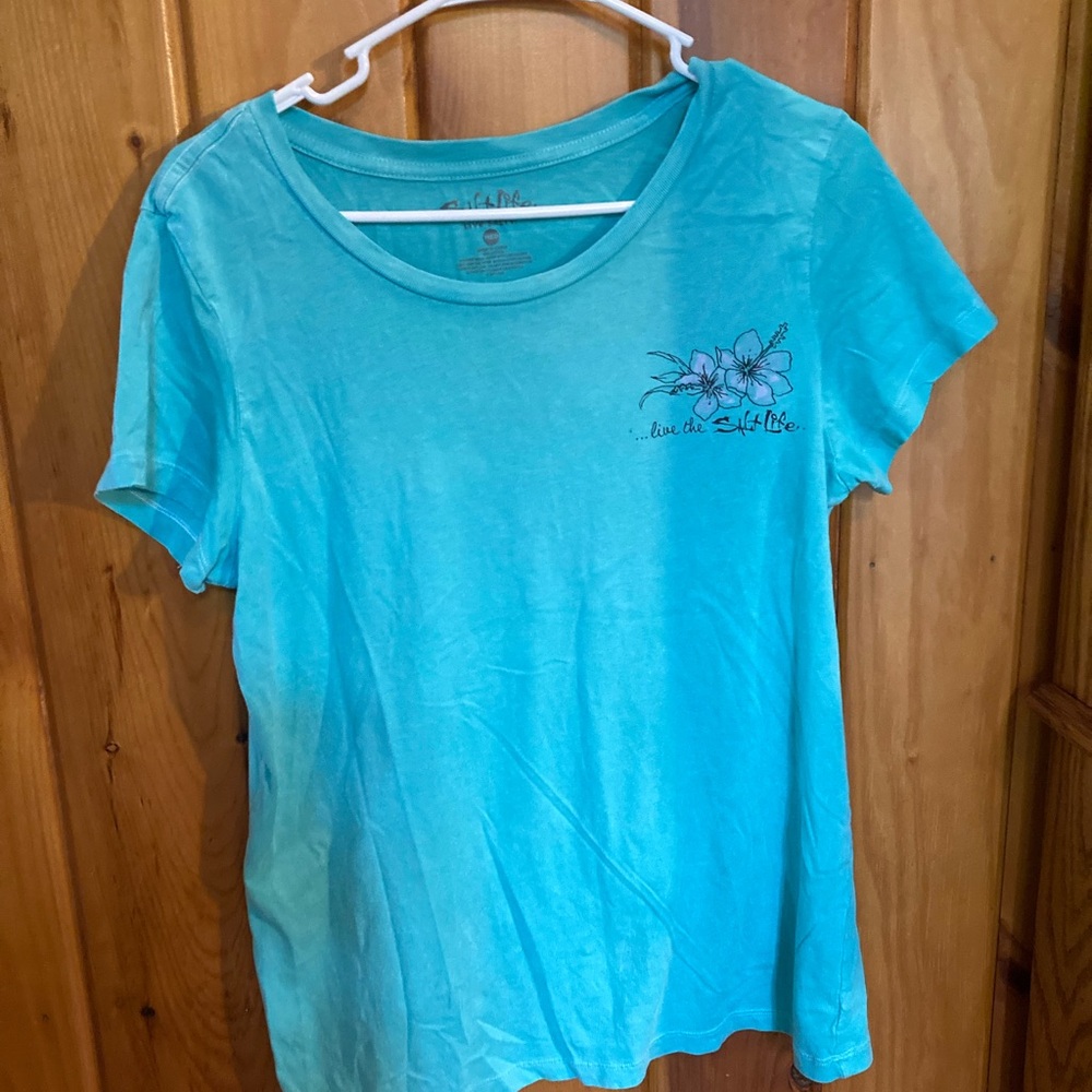 Live the salt life teal sz M Tshirt unisex paradise scene on back